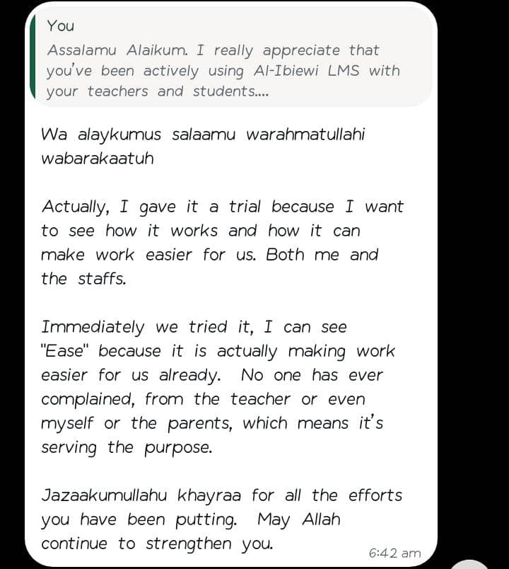 An anonymised WhatsApp message from an academy administrator saying Al-Ibiewi LMS is making work easier for teachers, management and parents.