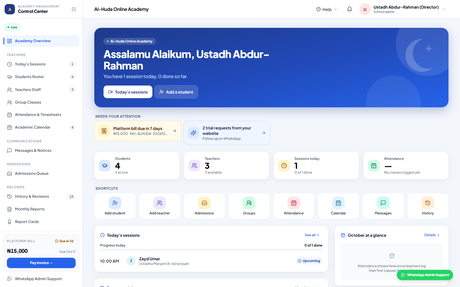 Current Al-Ibiewi LMS academy director dashboard showing classes, attendance and academy activity